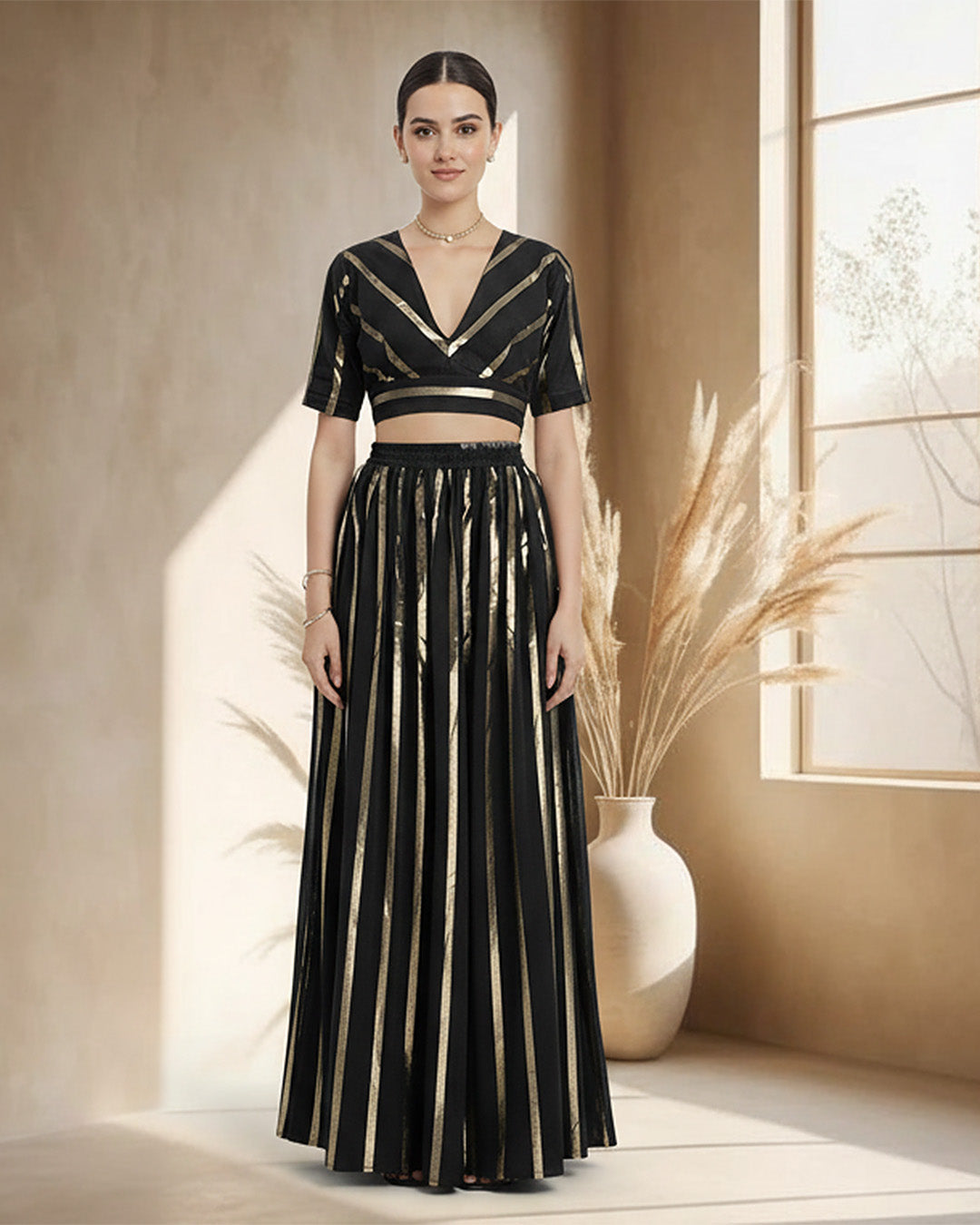 Black Glisten Gala Deep V Blouse