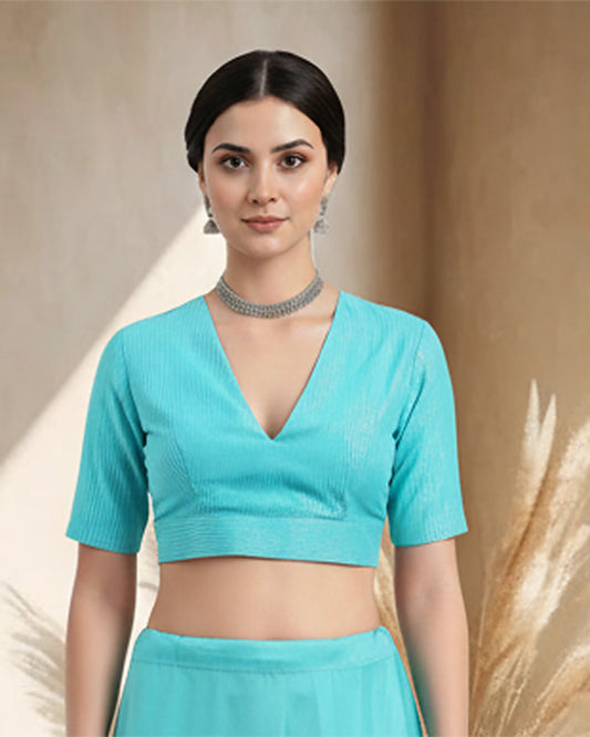 Festive Aqua Silver Stripes Deep V Blouse