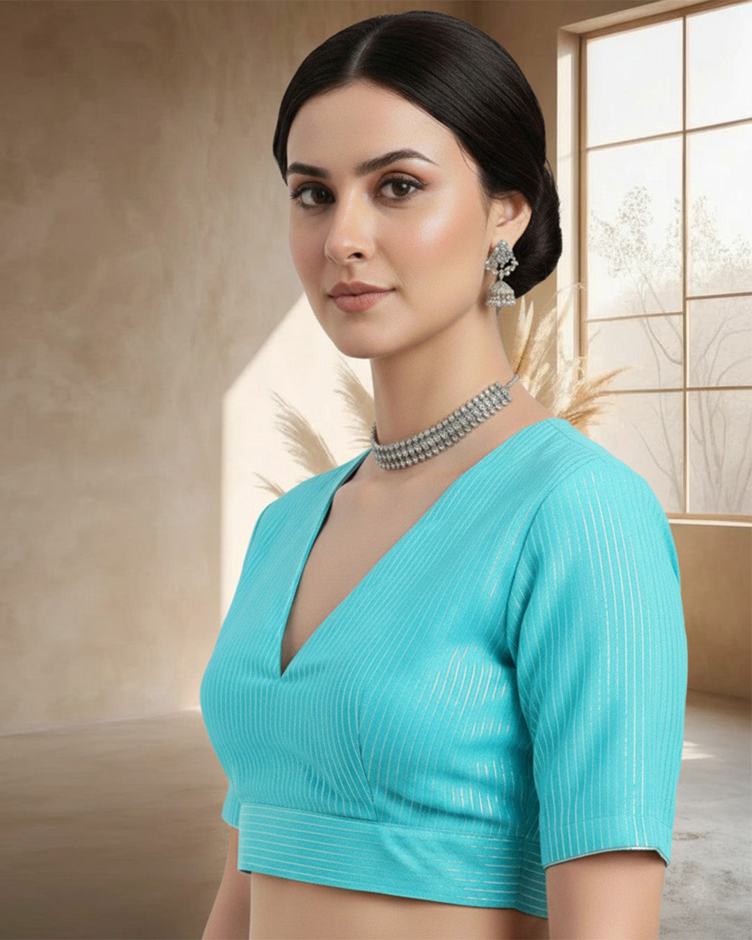 Festive Aqua Silver Stripes Deep V Blouse