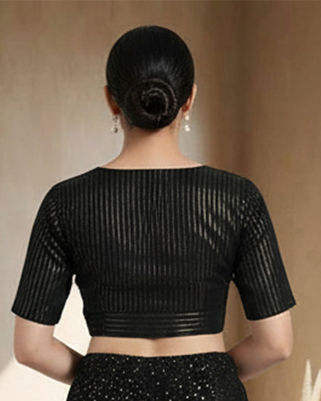 Festive Black Thin Golden Stripes Deep V Blouse