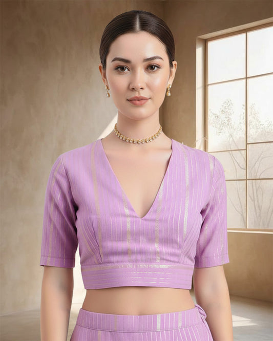 Festive Iris Pink Thick Golden Stripes Deep V Blouse