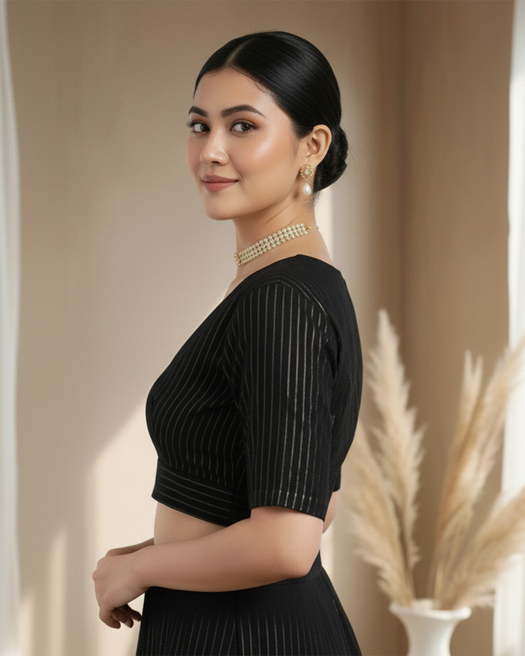 Festive Black Thin Golden Stripes Deep V Blouse