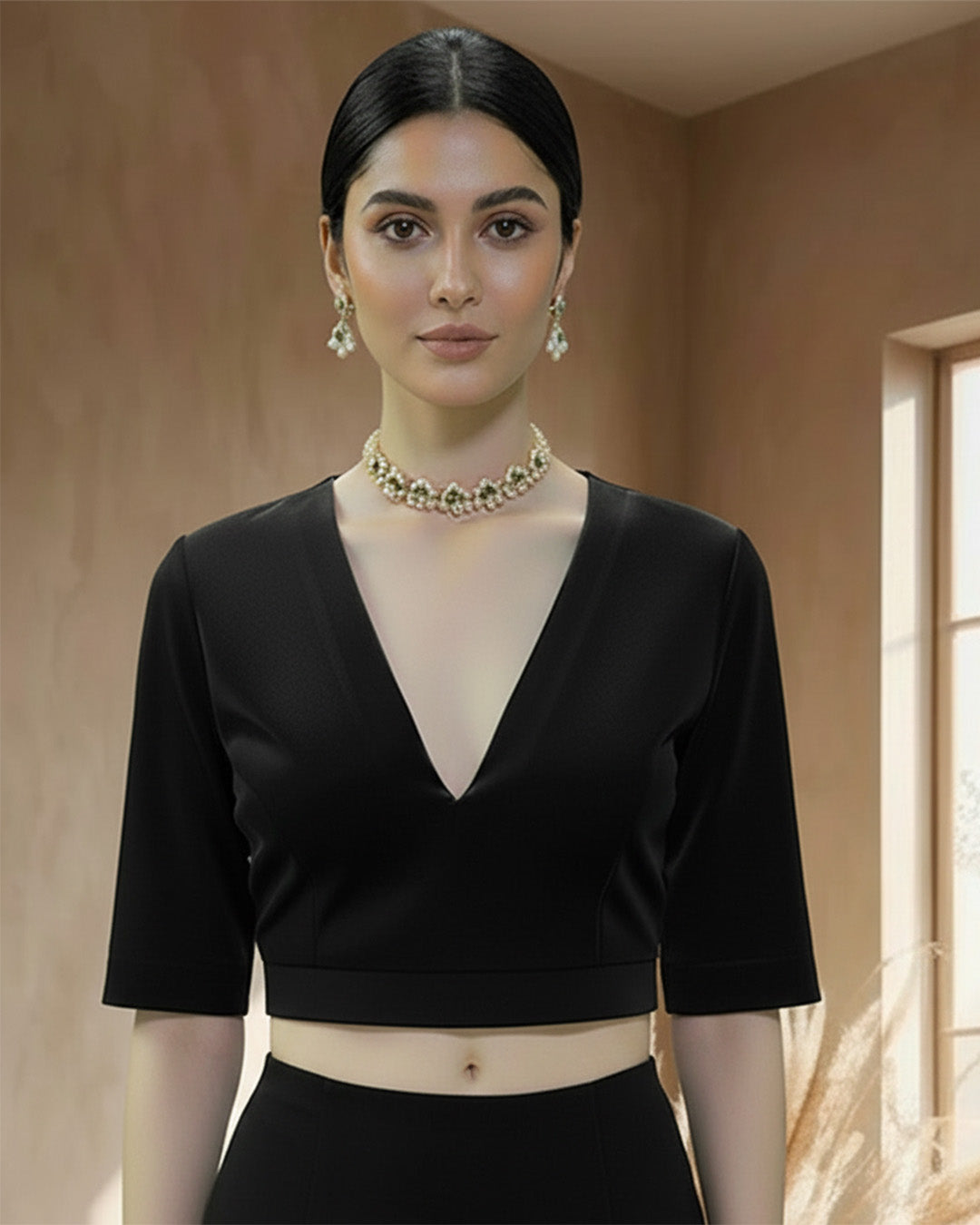 Black Allure Deep V Velvet Blouse