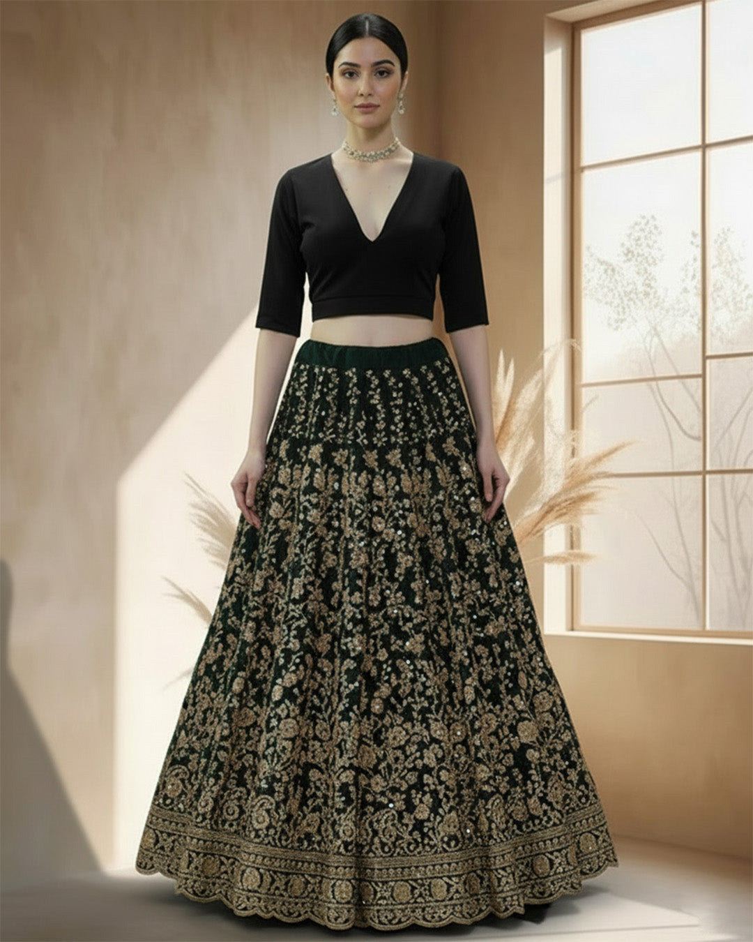 Black Allure Deep V Velvet Blouse