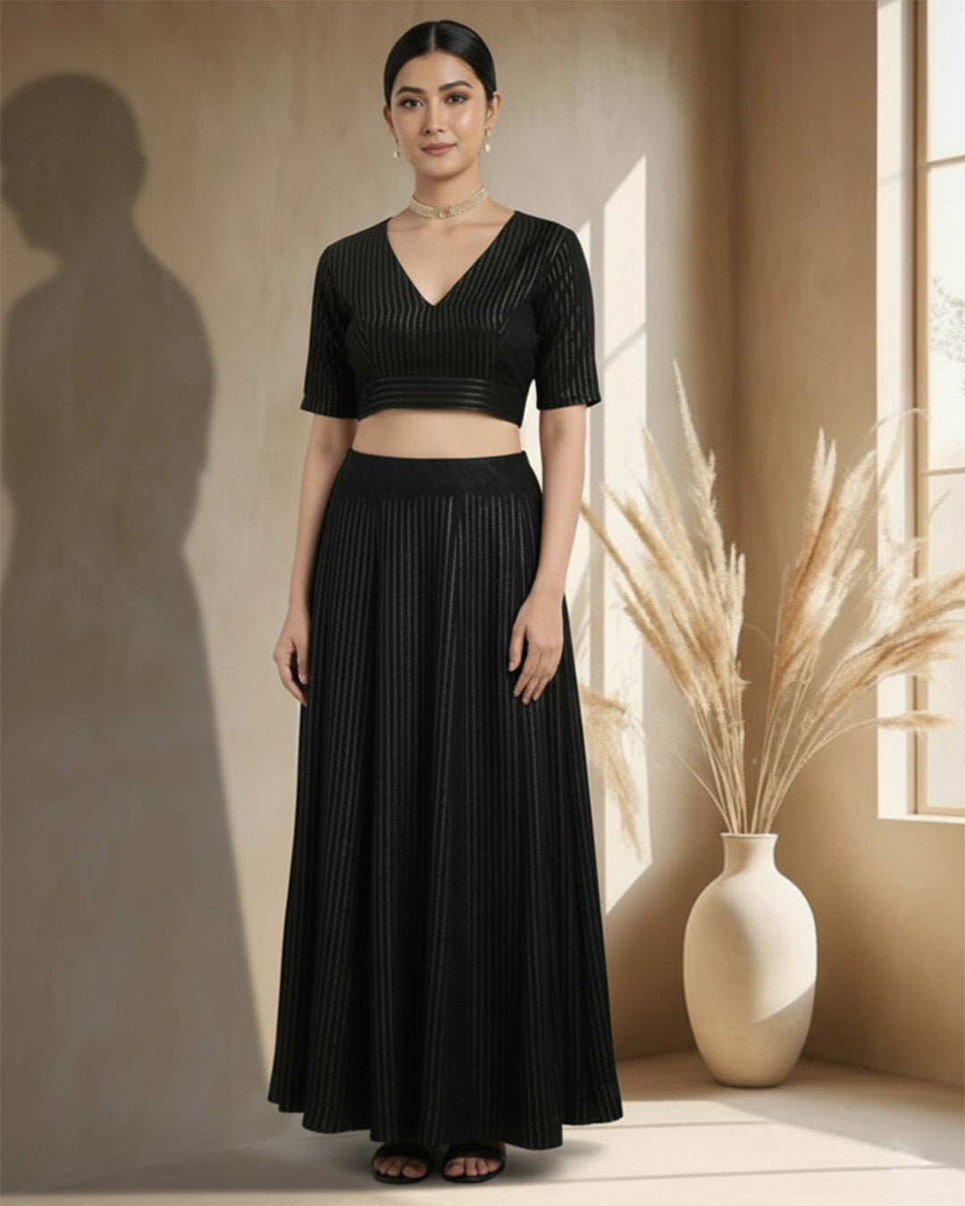 Festive Black Thin Golden Stripes Deep V Blouse