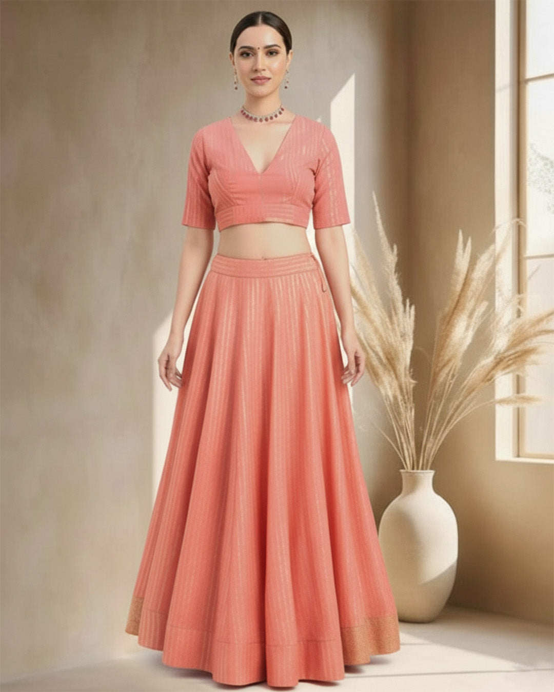 Festive Rosette Pink Golden Stripes Deep V Blouse