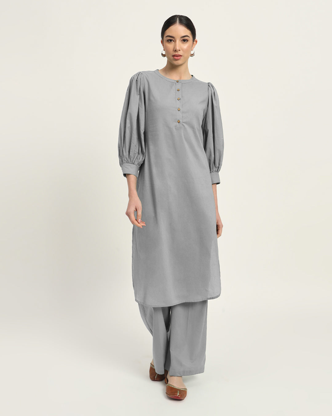 Combo: Beige & Iced Grey Balloon Breeze Pot Neck Solid Kurta