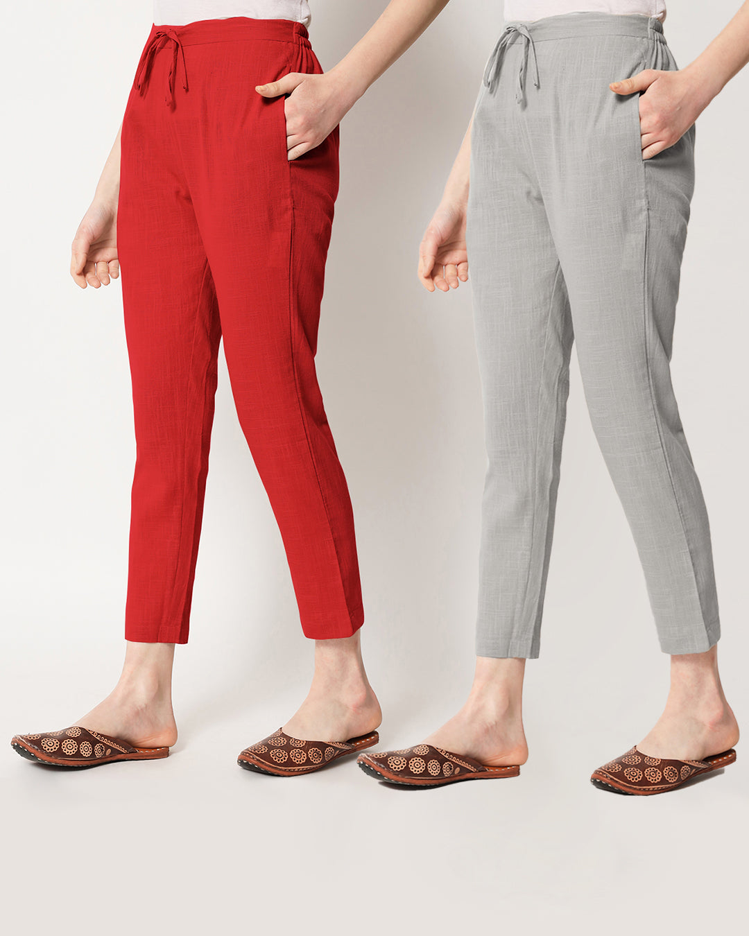 Combo: Classic Red & Iced Grey Cigarette Pants- Set of 2