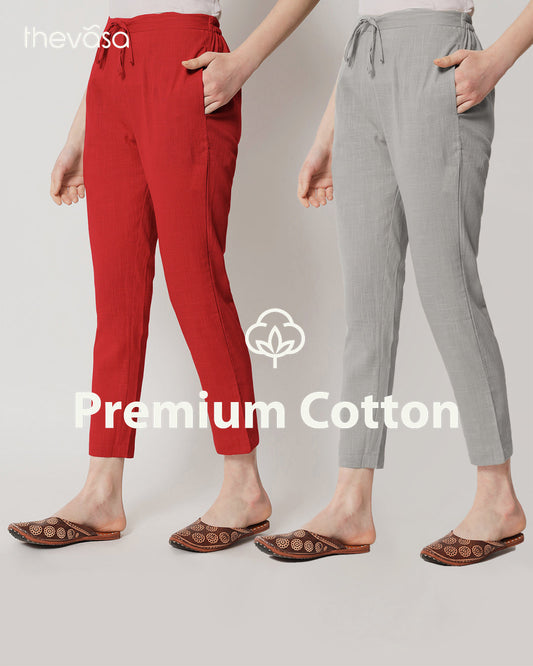 Combo: Classic Red & Iced Grey Cigarette Pants- Set of 2