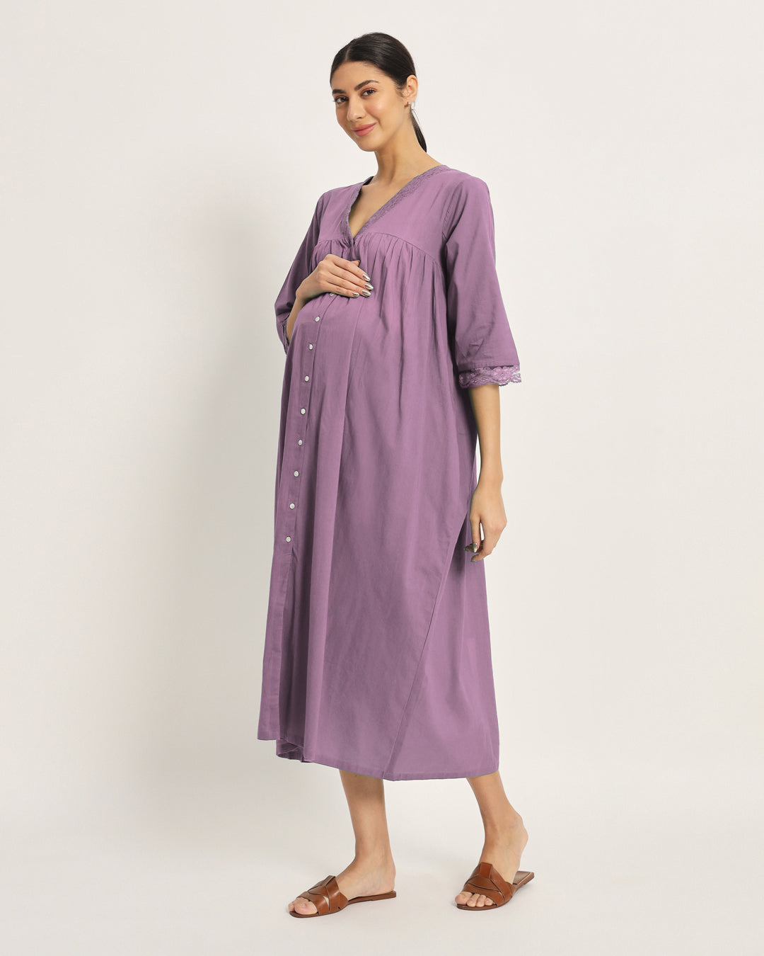 Combo: Iris Pink & Sage Green Stylish Preggo Maternity & Nursing Dress - Set of 2