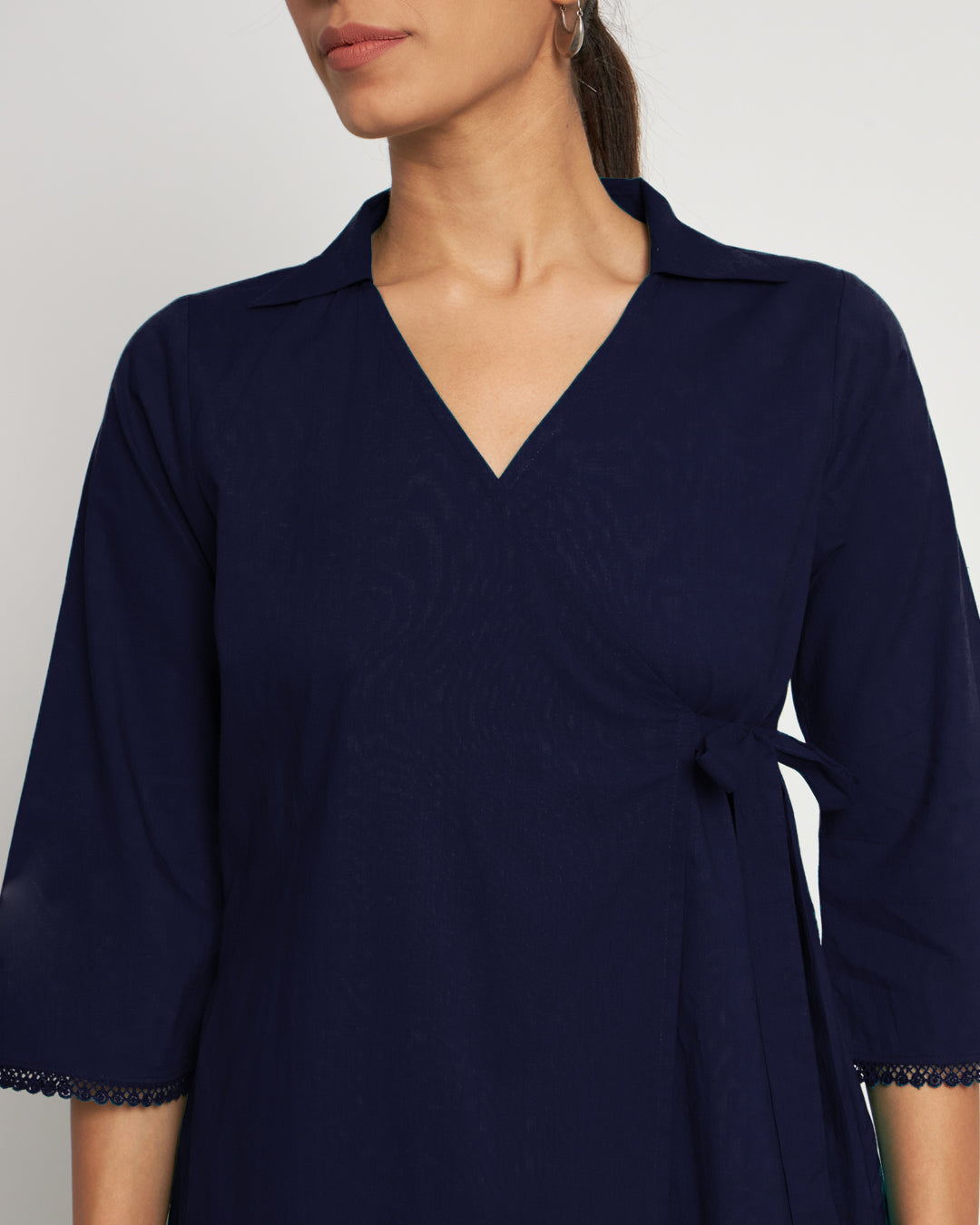 Midnight Blue Collar Neck Angrakha Solid Top (Without Bottoms)