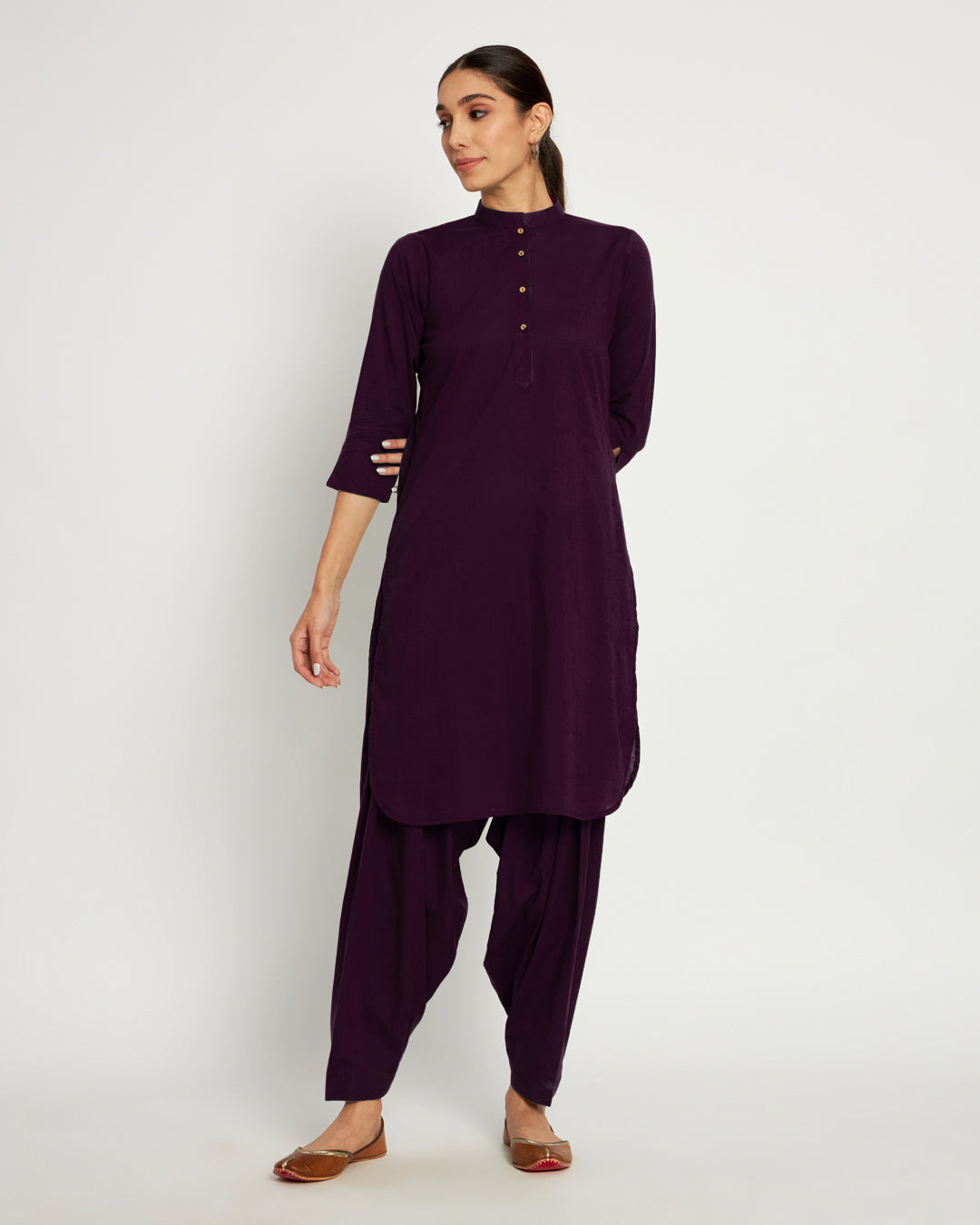 Plum Passion Band Collar Neck Solid Co-ord Set