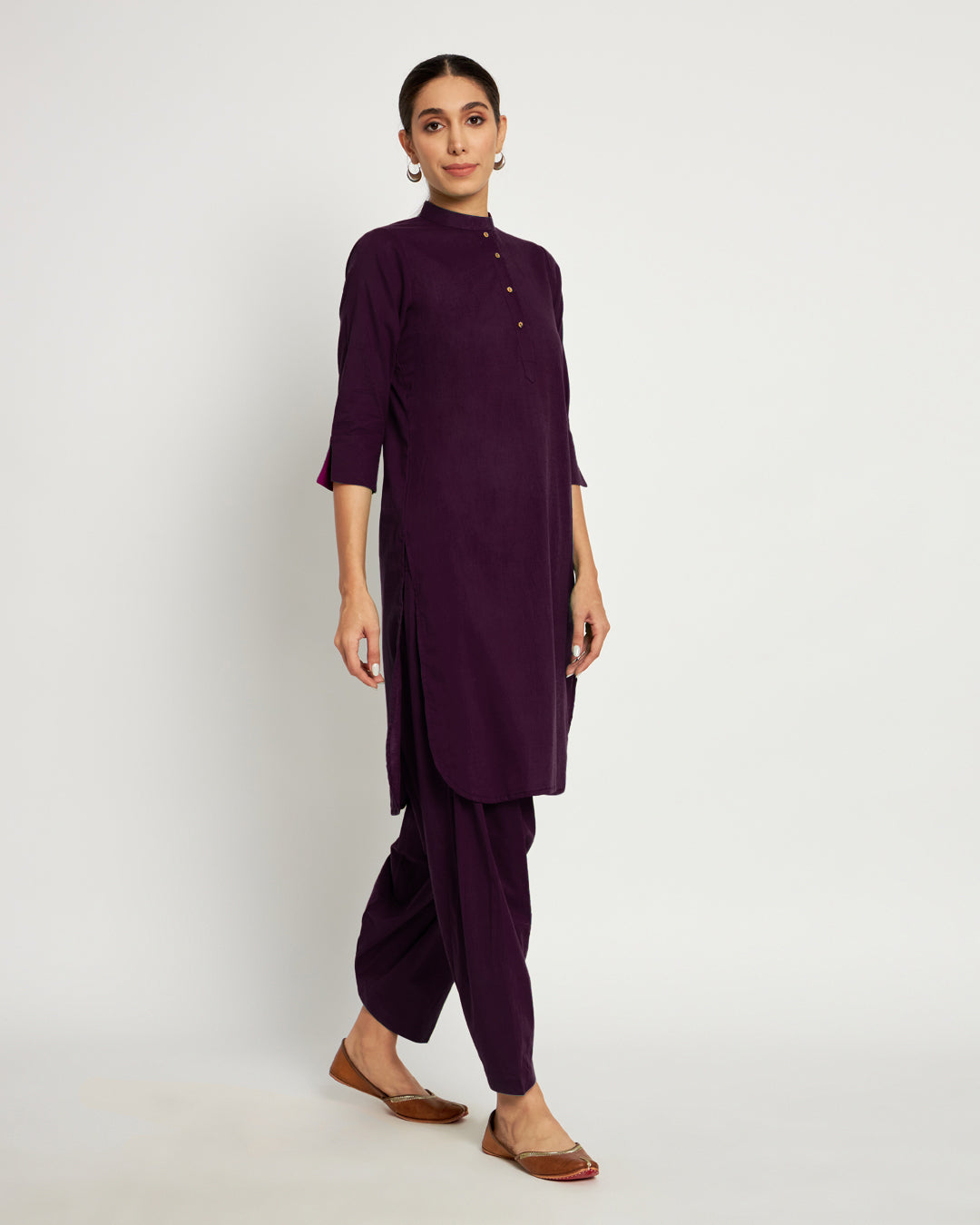 Plum Passion Band Collar Neck Solid Co-ord Set