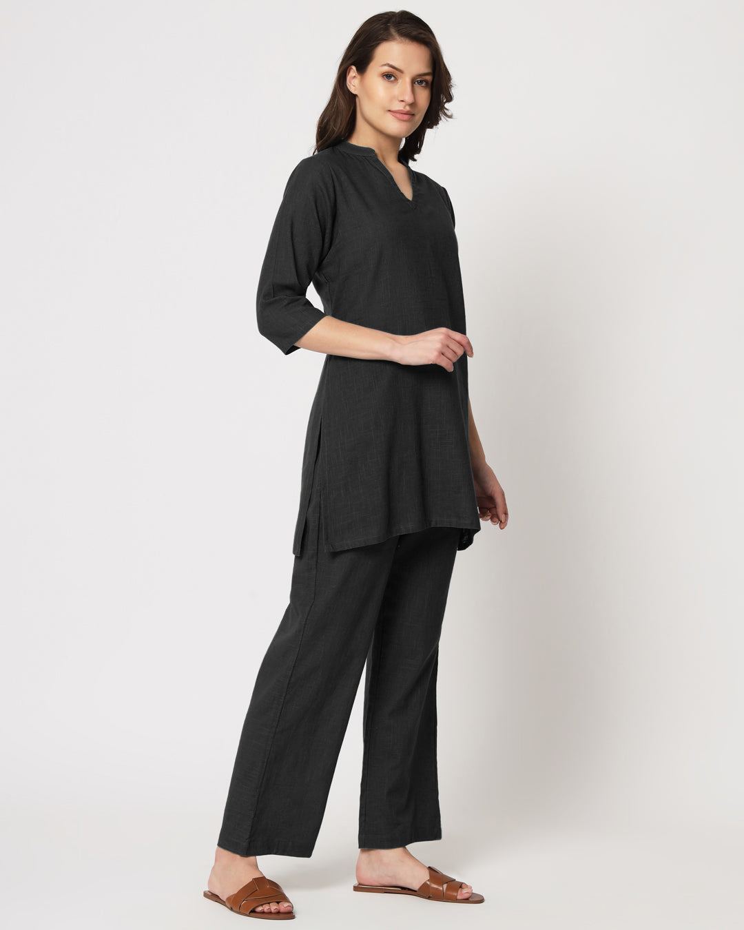 Classic Black Collar Neck Mid Length Solid Co-ord Set