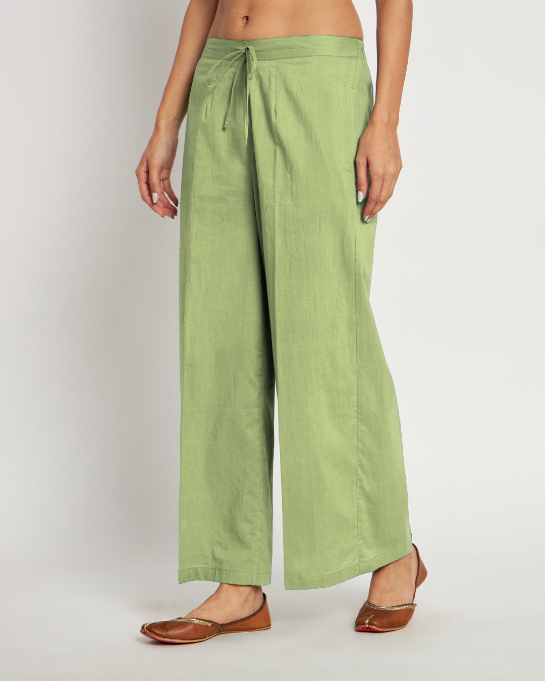 Combo: Beige & Sage Green Wide Pants- Set Of 2
