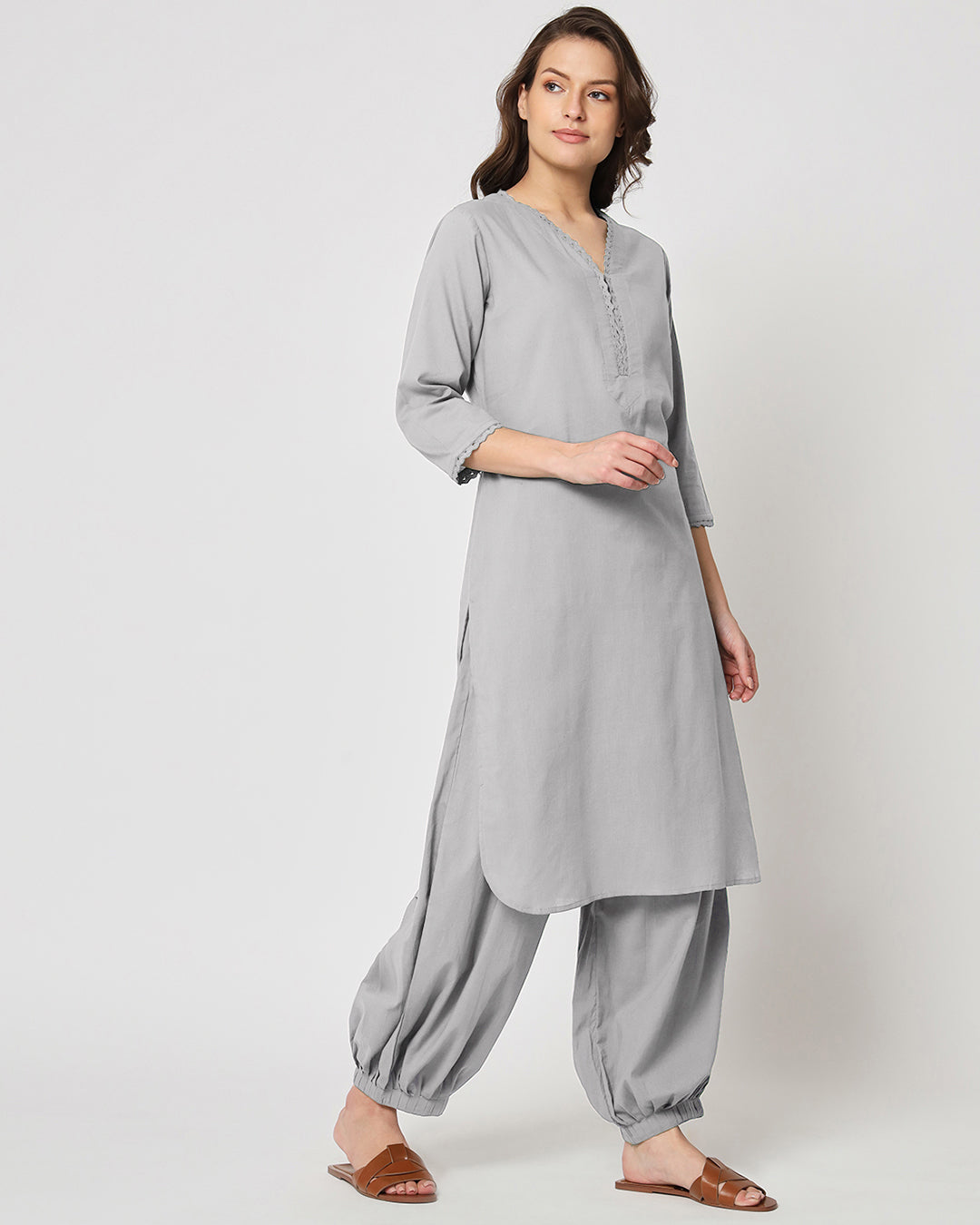Iced Grey Lace Affair Solid Kurta (Without Bottoms)