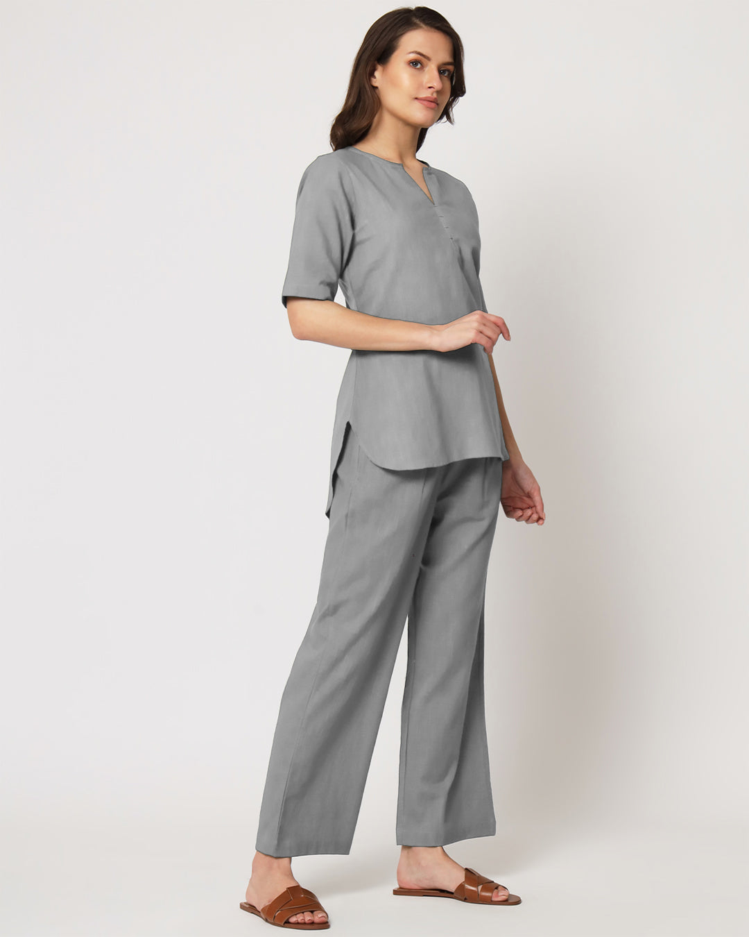 Iced Grey Collar Neck Short Length Solid Co-ord Set