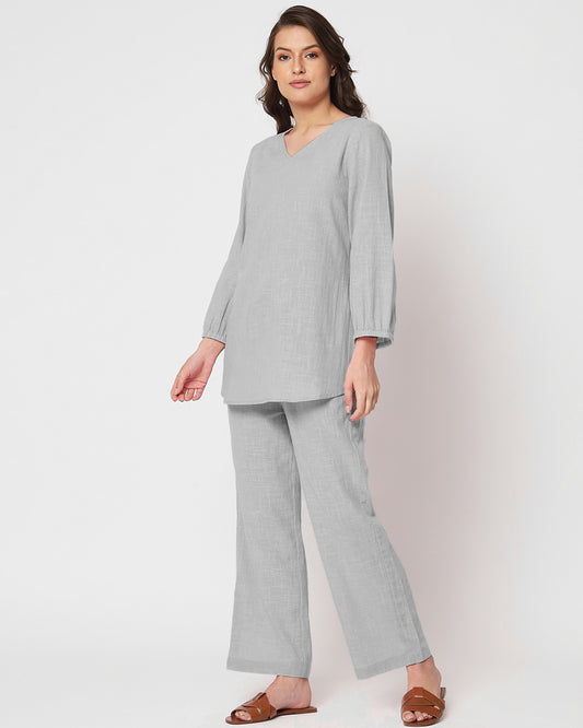 Iced Grey Bishop Sleeves Solid Top (Without Bottoms)