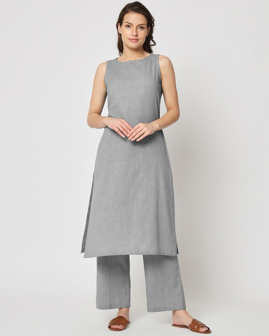 Iced Grey Sleeveless Long Solid Kurta (Without Bottoms)