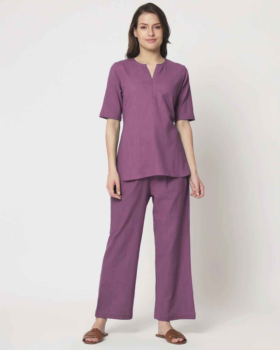 Wisteria Purple Collar Neck Short Length Solid Co-ord Set