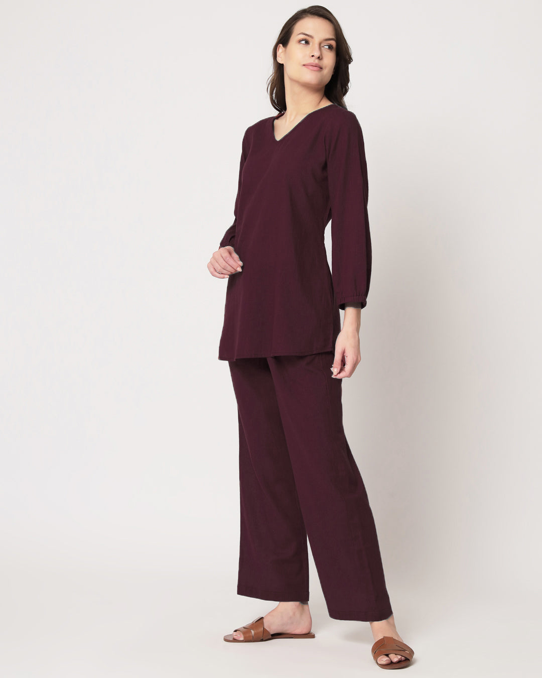 Plum Passion Bishop Sleeves Solid Top (Without Bottoms)