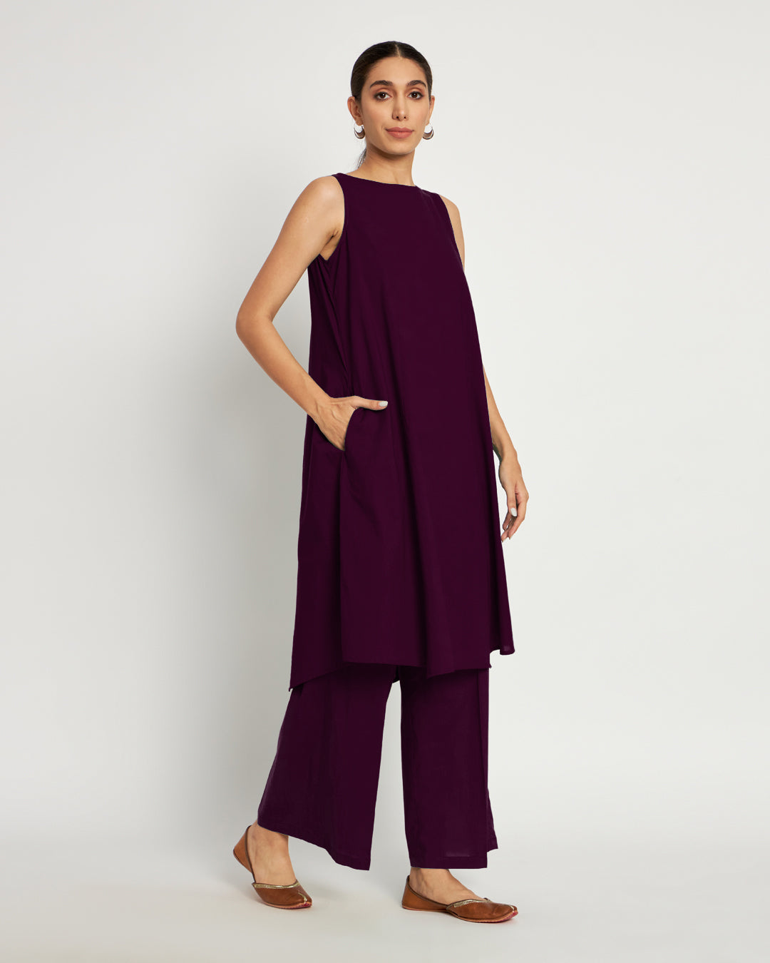 Plum Passion Sleeveless A-Line Solid Co-ord Set