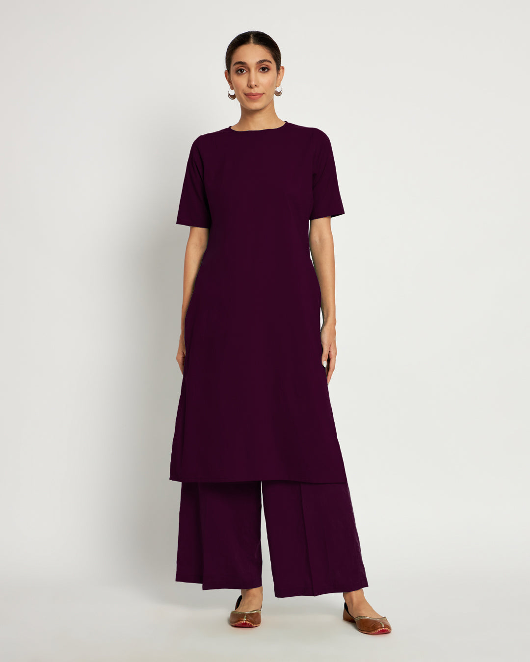 Plum Passion Round Neck Long Solid Kurta (Without Bottoms)