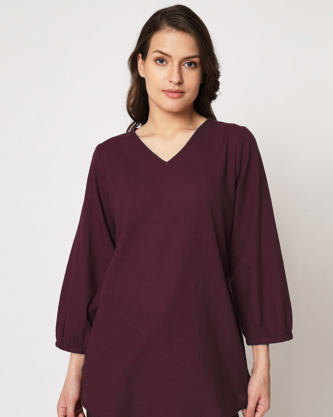 Plum Passion Bishop Sleeves Solid Top (Without Bottoms)