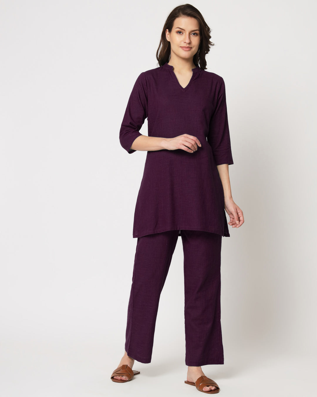 Plum Passion Collar Neck Mid Length Solid Co-ord Set