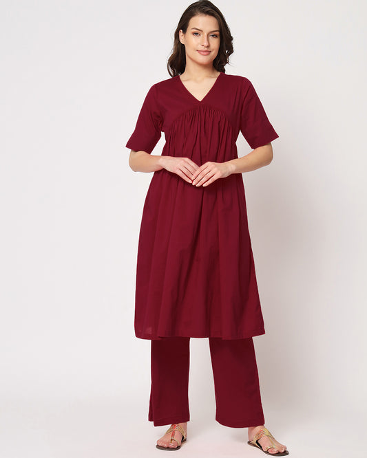 Russet Red Gathered Solid Kurta (Without Bottoms)