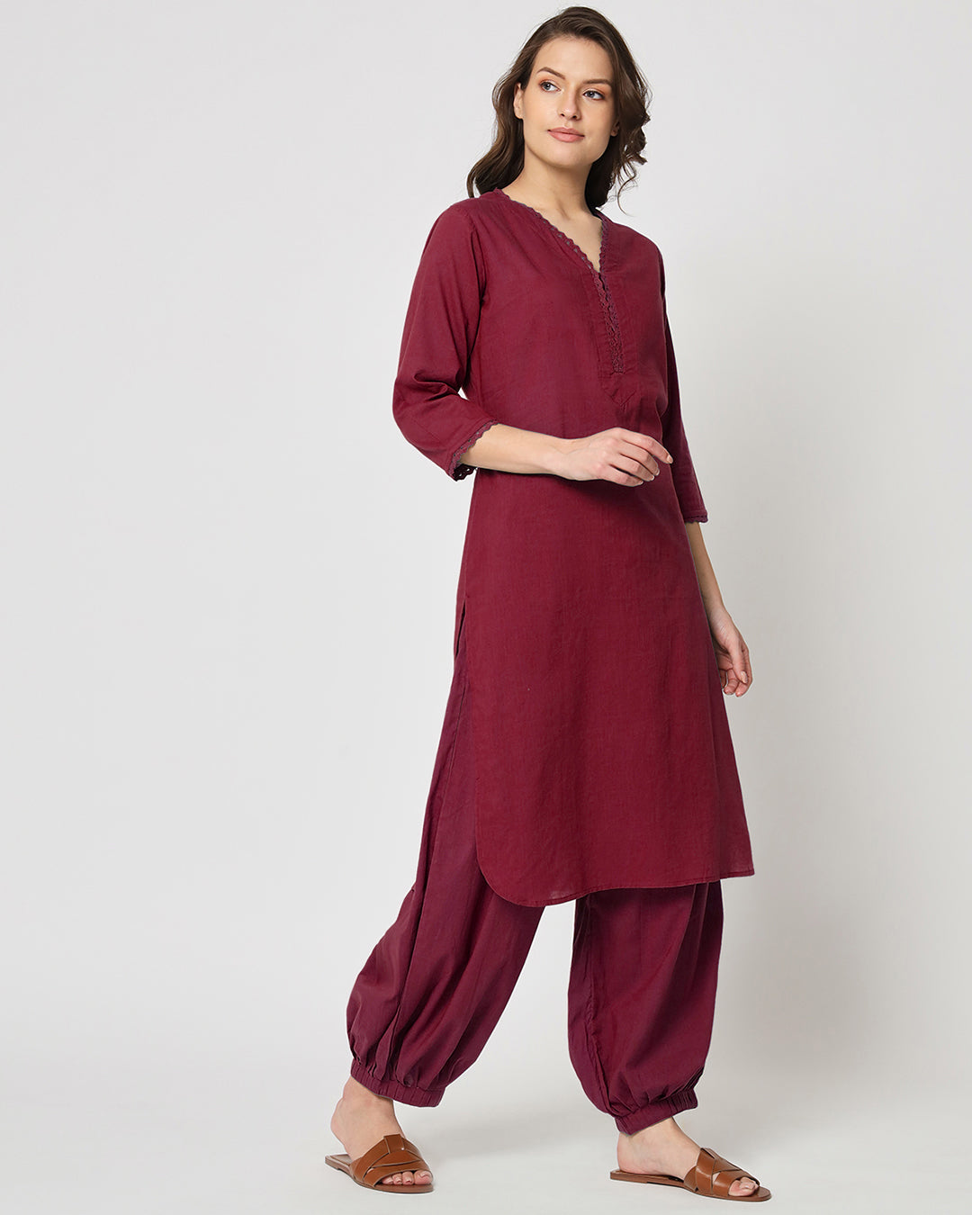 Russet Red Lace Affair Solid Kurta (Without Bottoms)