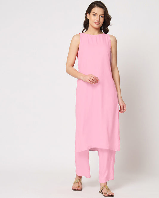 Pink Mist Sleeveless Long Solid Kurta (Without Bottoms)