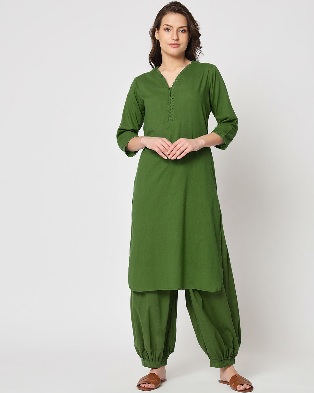 Greening Spring Lace Affair Solid Kurta (Without Bottoms)