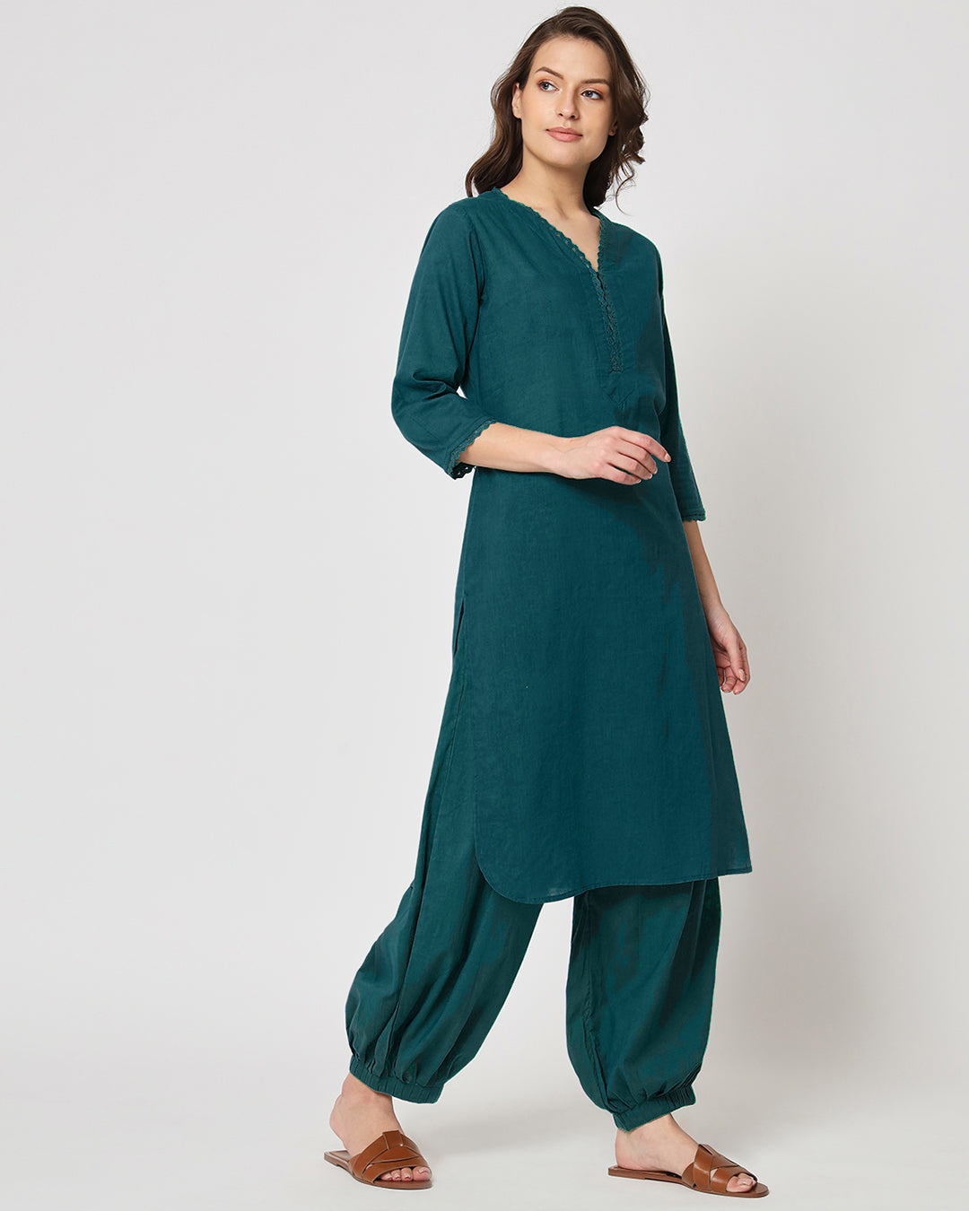 Deep Teal Lace Affair Solid Kurta (Without Bottoms)