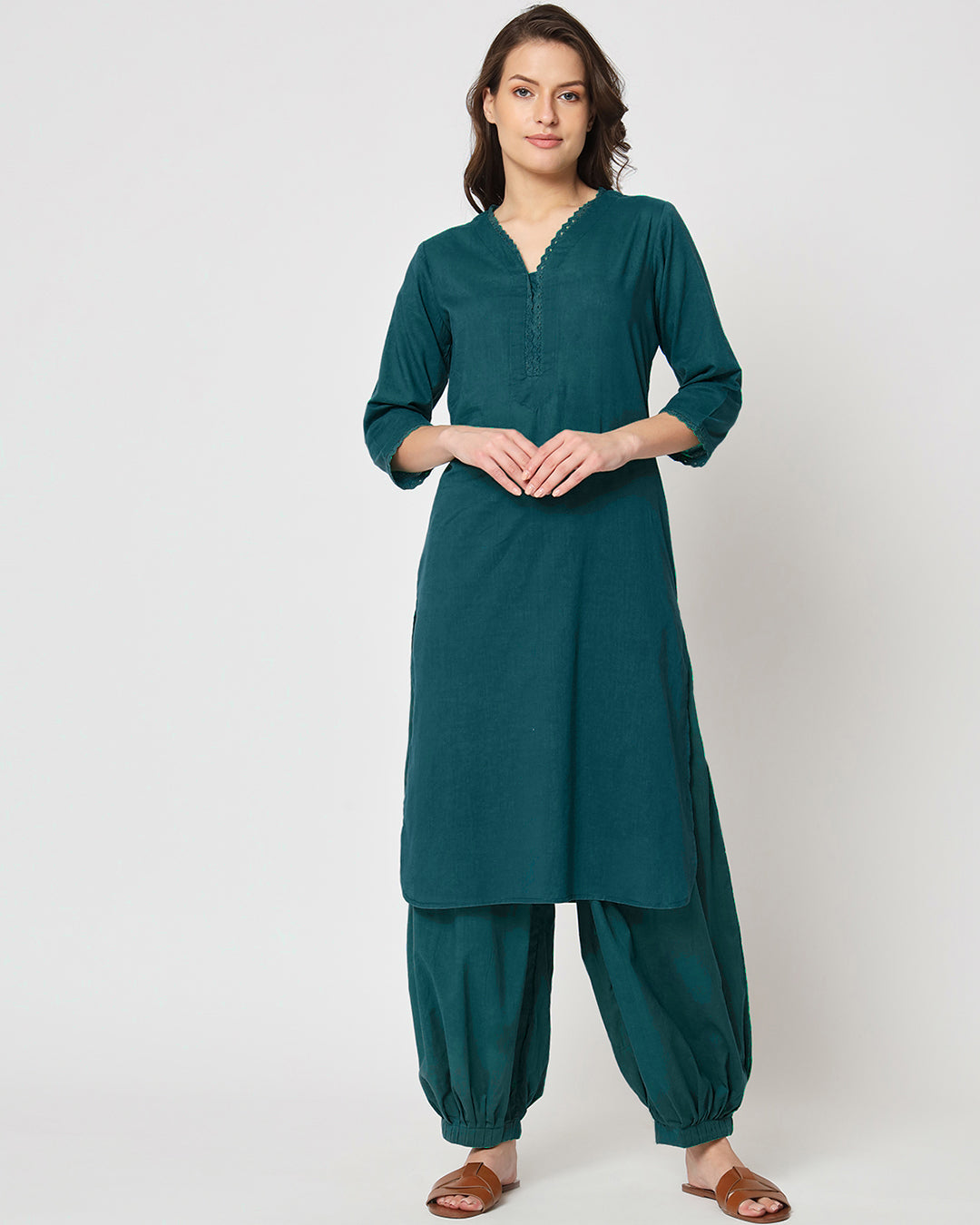 Deep Teal Lace Affair Solid Kurta (Without Bottoms)