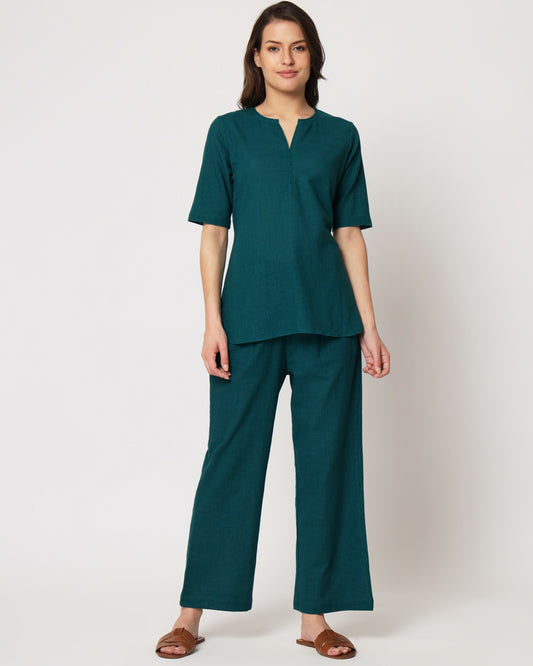 Deep Teal Collar Neck Short Length Solid Kurta