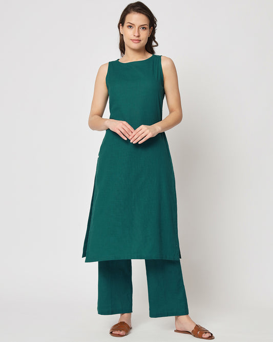 Deep Teal Sleeveless Long Solid Kurta (Without Bottoms)