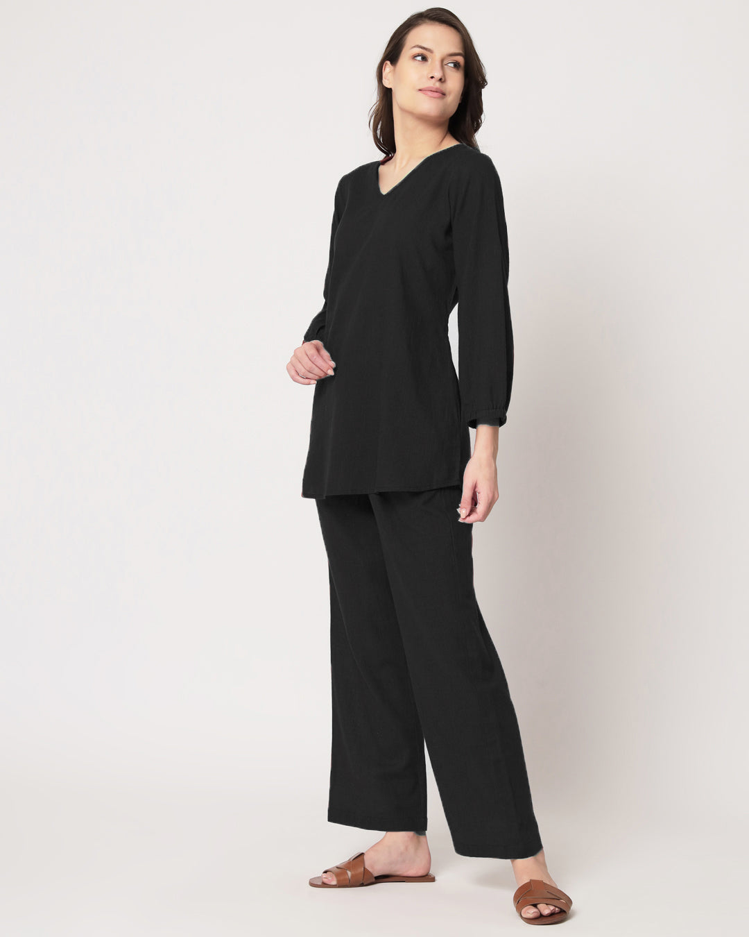 Classic Black Bishop Sleeves Solid Top (Without Bottoms)