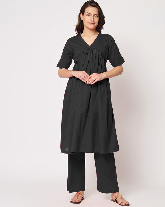 Classic Black Gathered Solid Kurta (Without Bottoms)