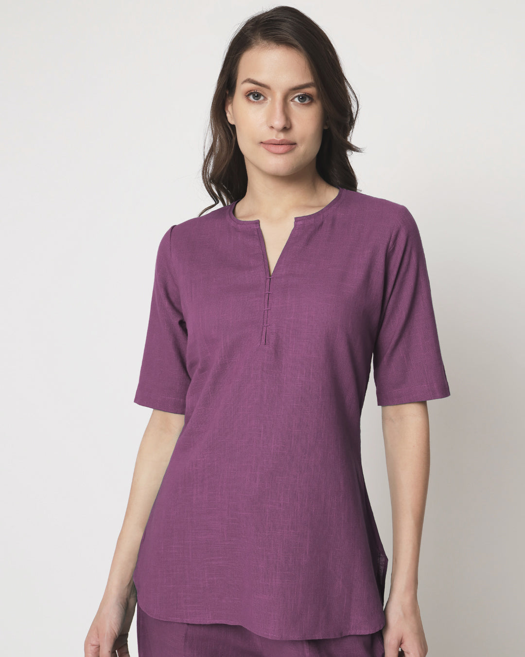 Wisteria Purple Collar Neck Short Length Solid Kurta (Without Bottoms)