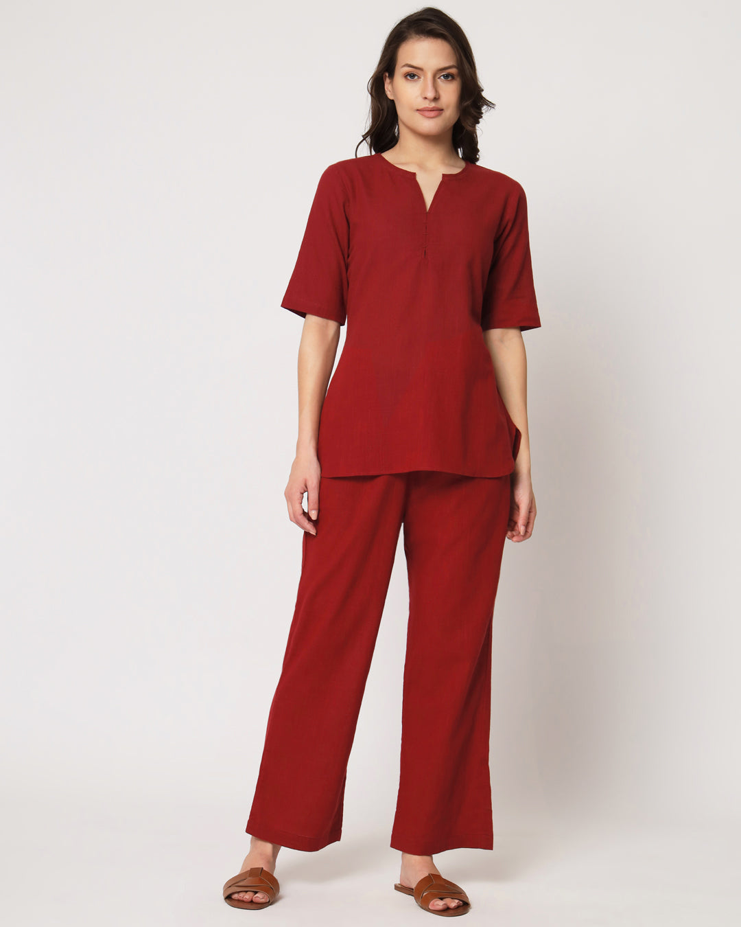 Classic Red Collar Neck Short Length Solid Kurta (Without Bottoms)