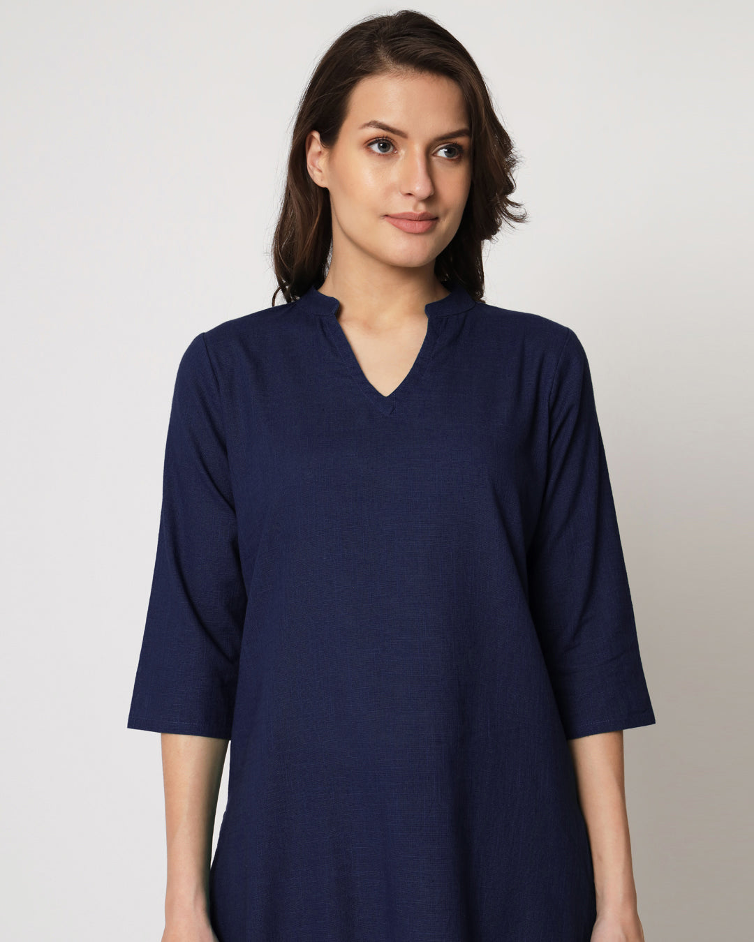 Midnight Blue Collar Neck Mid Length Solid Kurta (Without Bottoms)