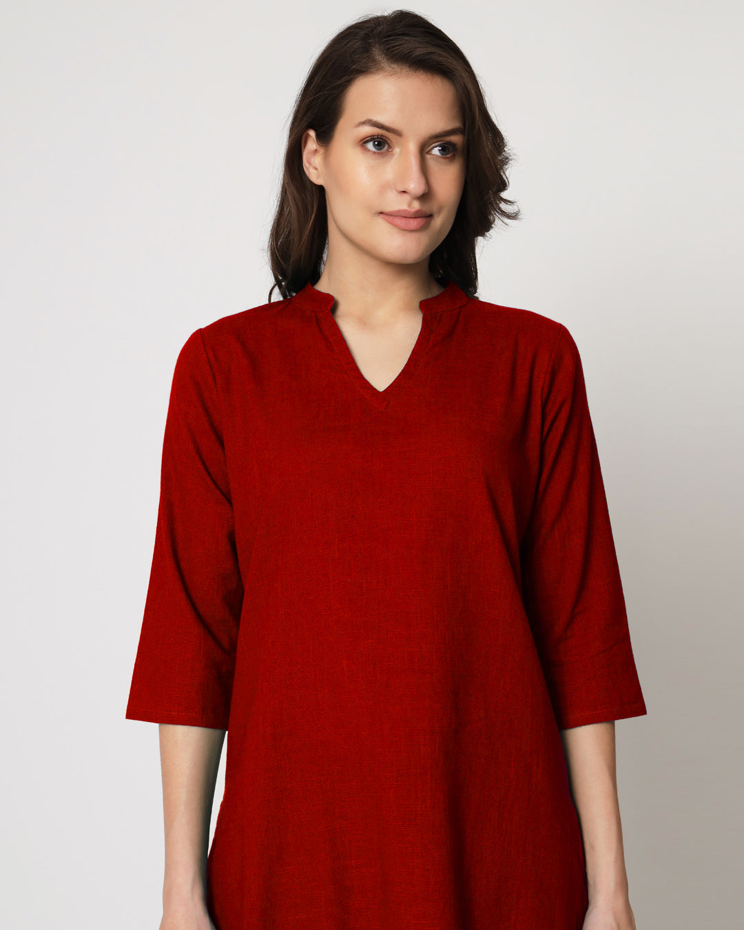 Classic Red Collar Neck Mid Length Solid Kurta (Without Bottoms)