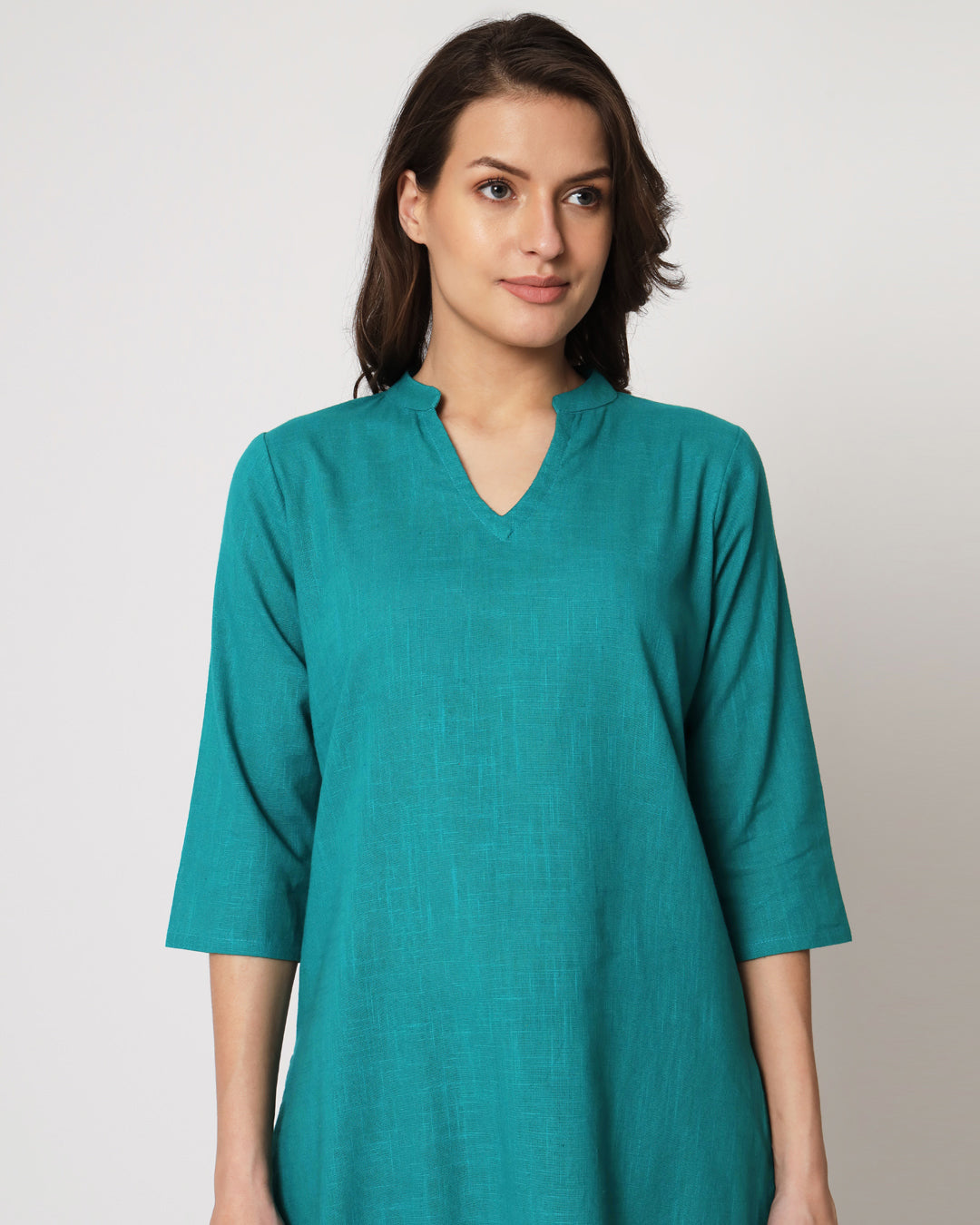 Green Gleam Collar Neck Mid Length Solid Kurta (Without Bottoms)