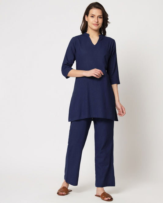 Midnight Blue Collar Neck Mid Length Solid Kurta (Without Bottoms)