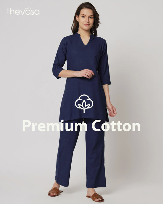 Midnight Blue Collar Neck Mid Length Solid Co-ord Set