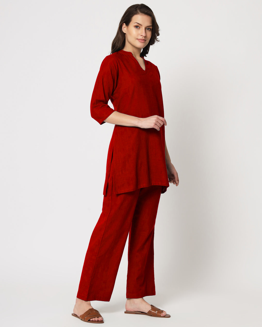 Classic Red Collar Neck Mid Length Solid Co-ord Set