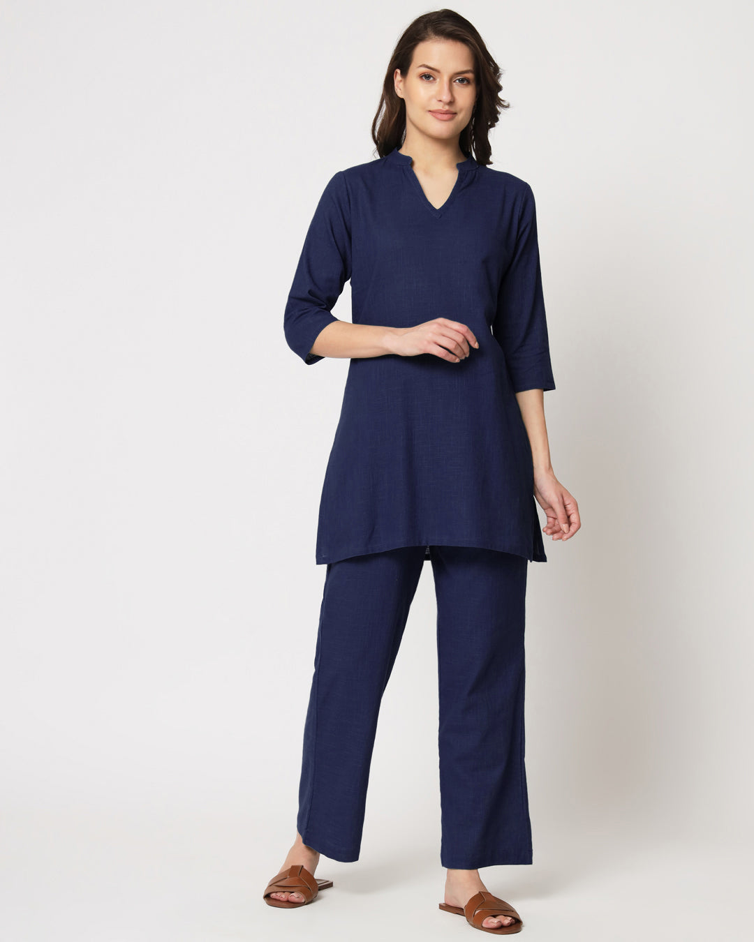 Midnight Blue Collar Neck Mid Length Solid Co-ord Set