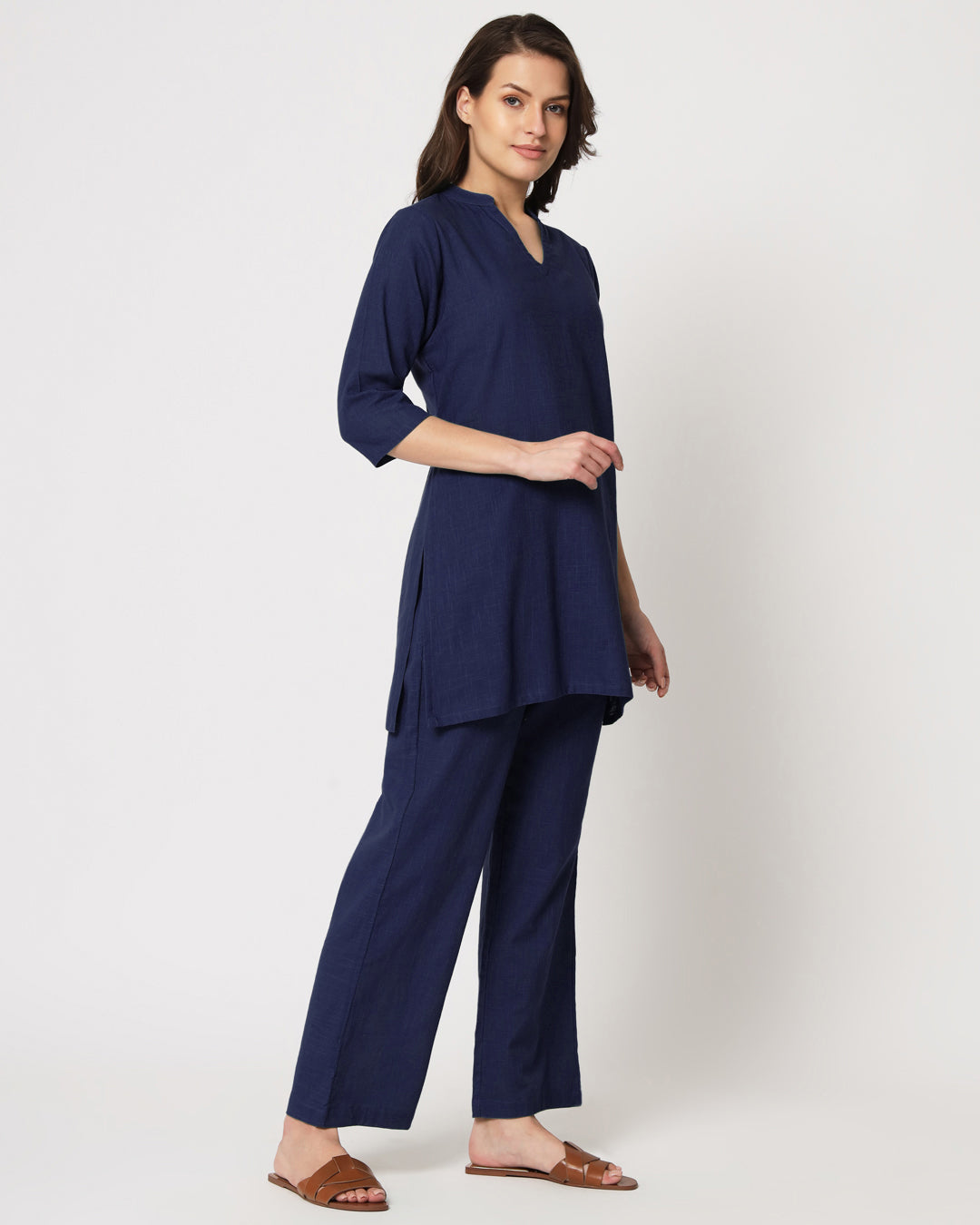 Midnight Blue Collar Neck Mid Length Solid Kurta (Without Bottoms)