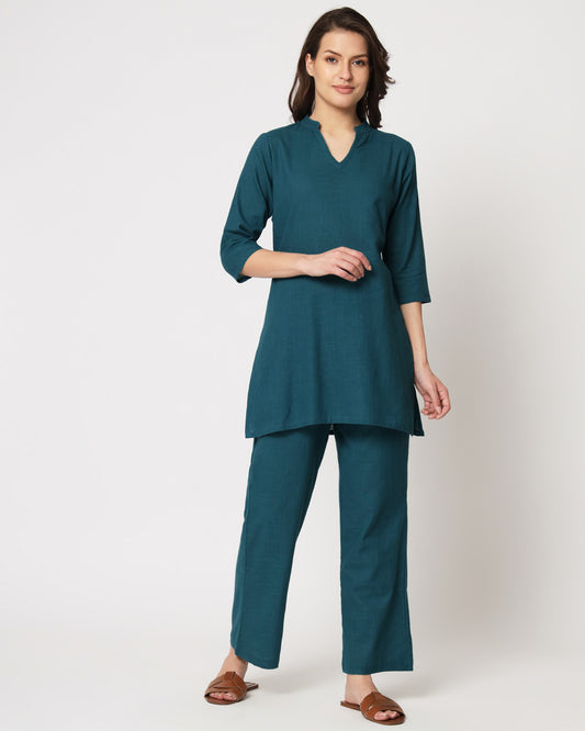 Deep Teal Collar Neck Mid Length Solid Kurta (Without Bottoms)